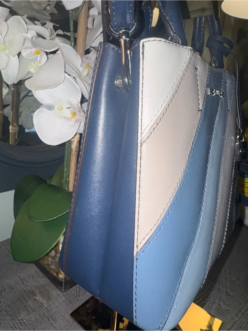 Michael Kors Navy Blue, Light Blue, Gray & Silver Striped Satchel
